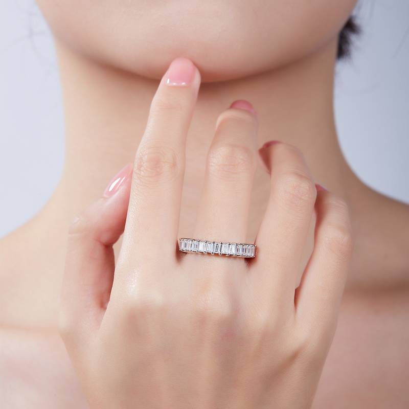 Rectangular full body lined ring S925 silver plated platinum moissanite diamond women's ring 4.6 carats D-grade